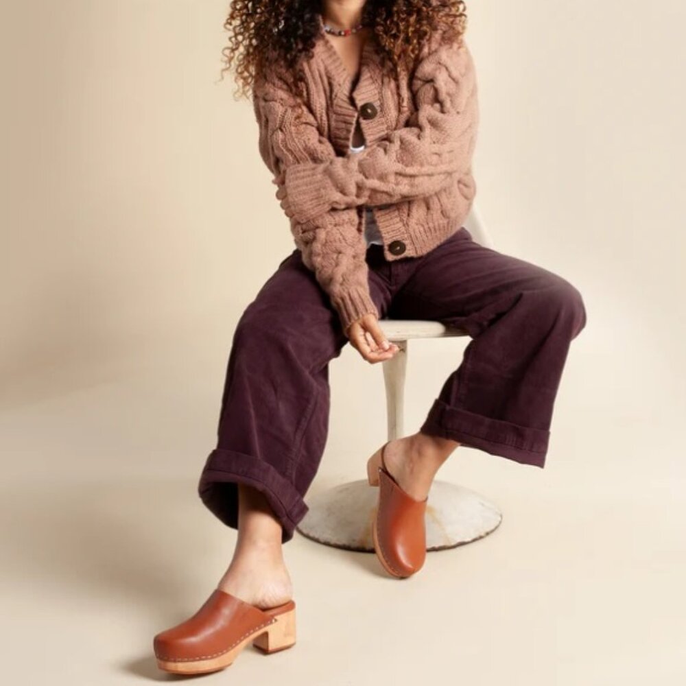 Charlotte Stone Martino Low Heel Wooden Clogs in Tan Leather